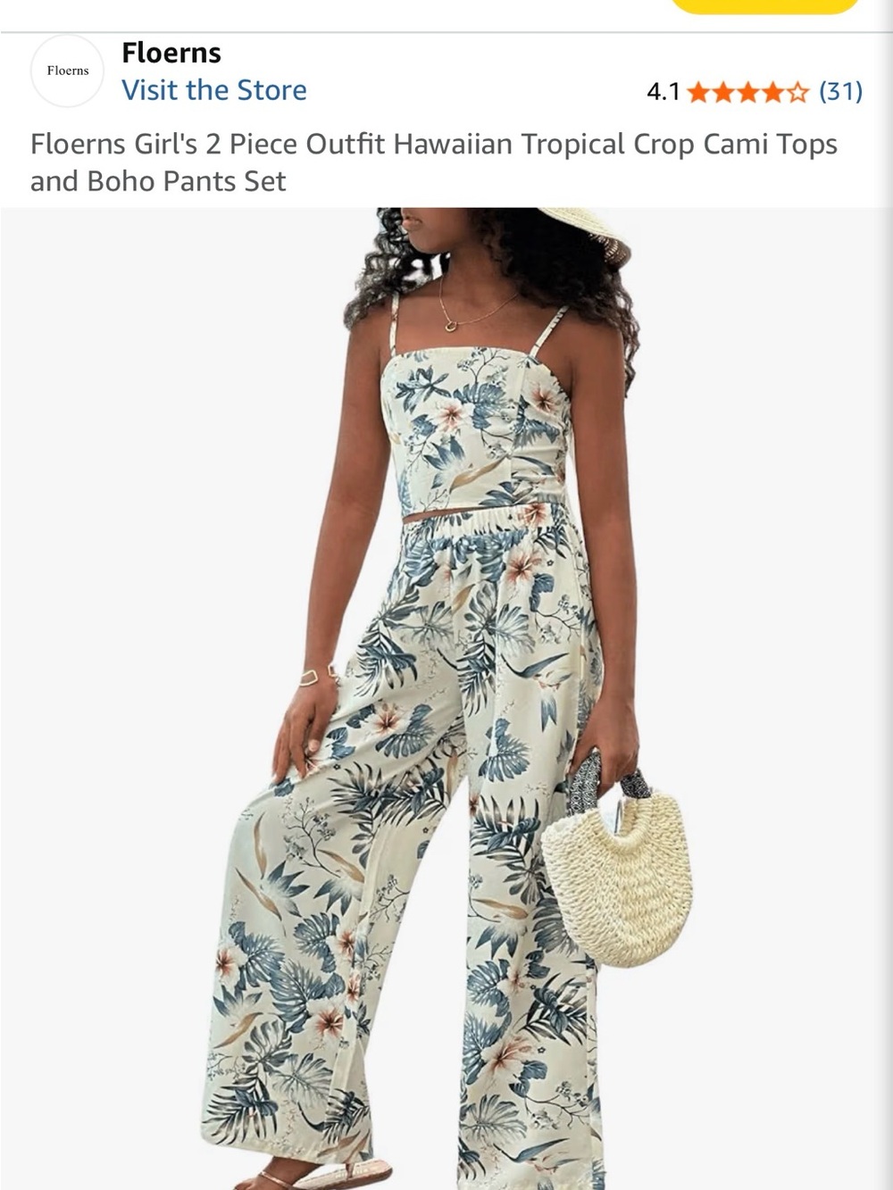 Amazon Girls Floral Crop Cami & Wide-Leg Pants Set in Cream and Blue